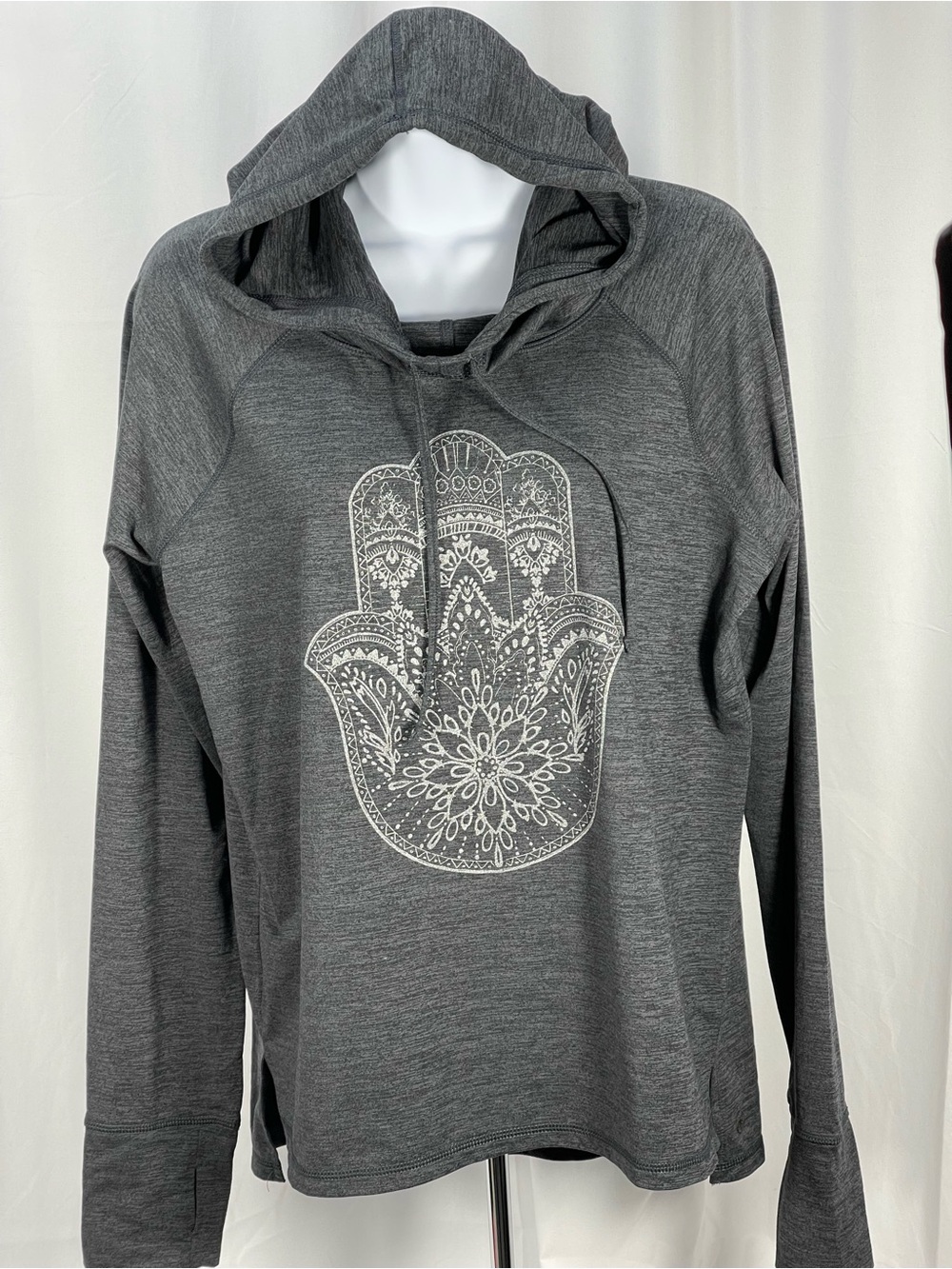 GAIAM Charcoal Hooded Pullover w/ Silver Sparkle Hamsa Graphic Sz L. Super Soft